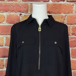 Michael Kors Women's Black Semi Sheer 1/2 Zip‎ Pullover Roll Sleeve Blouse Small